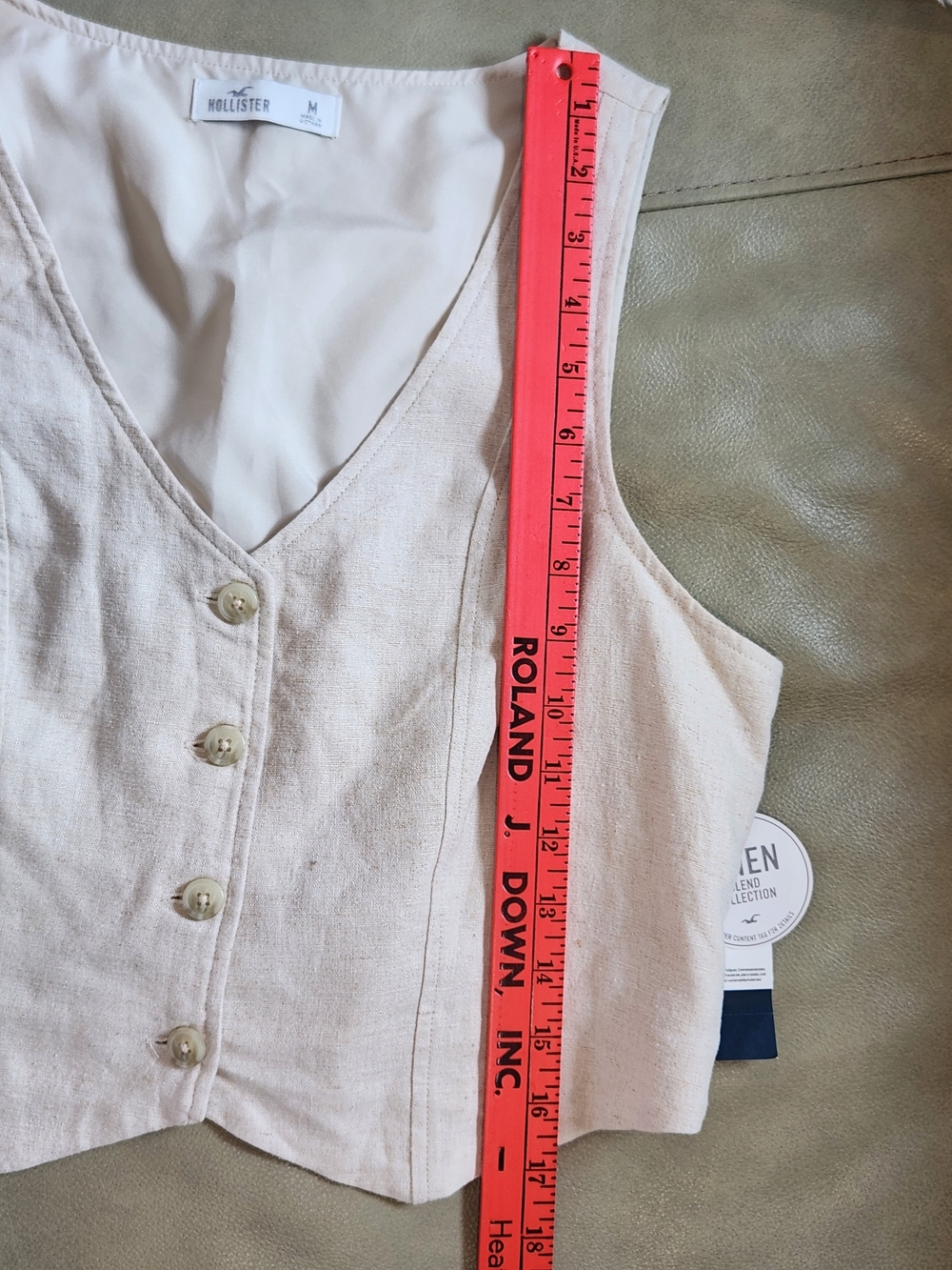 Hollister Cream Button-Front Linen Blend Crop Top Button Vest Medium - Picture 7 of 12
